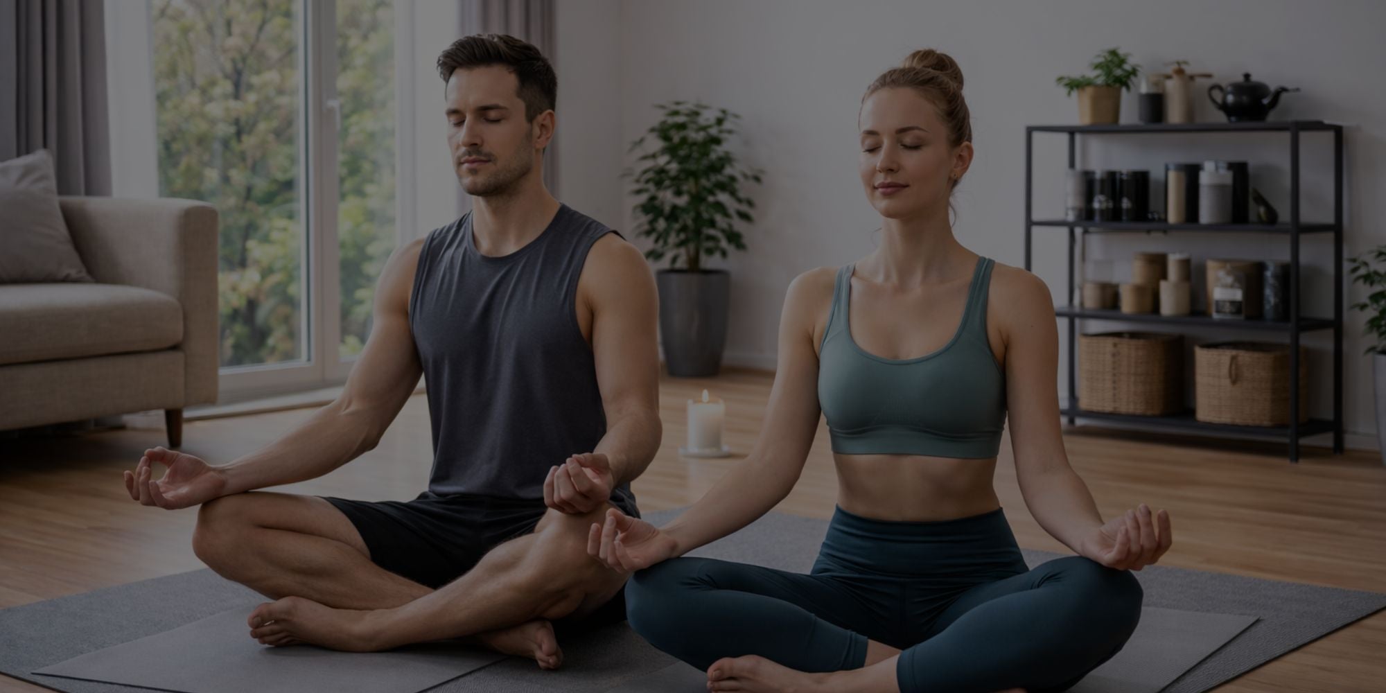 Man and woman practicing yoga in a home setting

